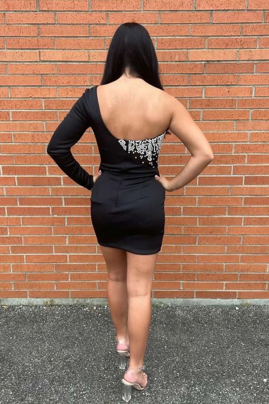 Homrain Sparkly Beadedone Shoulder One Sleeve Tight Short Homecoming Dress | Black Hoco Dresses