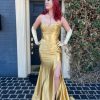 Homrain Sparkly En Mermaid Strapless Long Metallic Prom Dress With Slit | Gold Prom Dresses