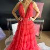 Homrain A-Line Deep V-Neck Backless Long Tulle Prom Dress | Red Prom Dresses