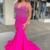 Homrain Sparkly Hot Pink Mermaid Sequins Open Back Long Prom Dress | Hot Pink Prom Dresses