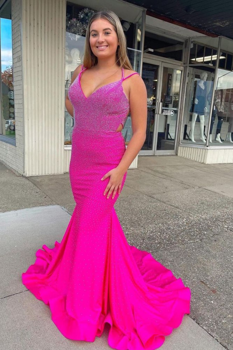 Homrain Sparkly Hot Pink Mermaid Sequins Open Back Long Prom Dress | Hot Pink Prom Dresses