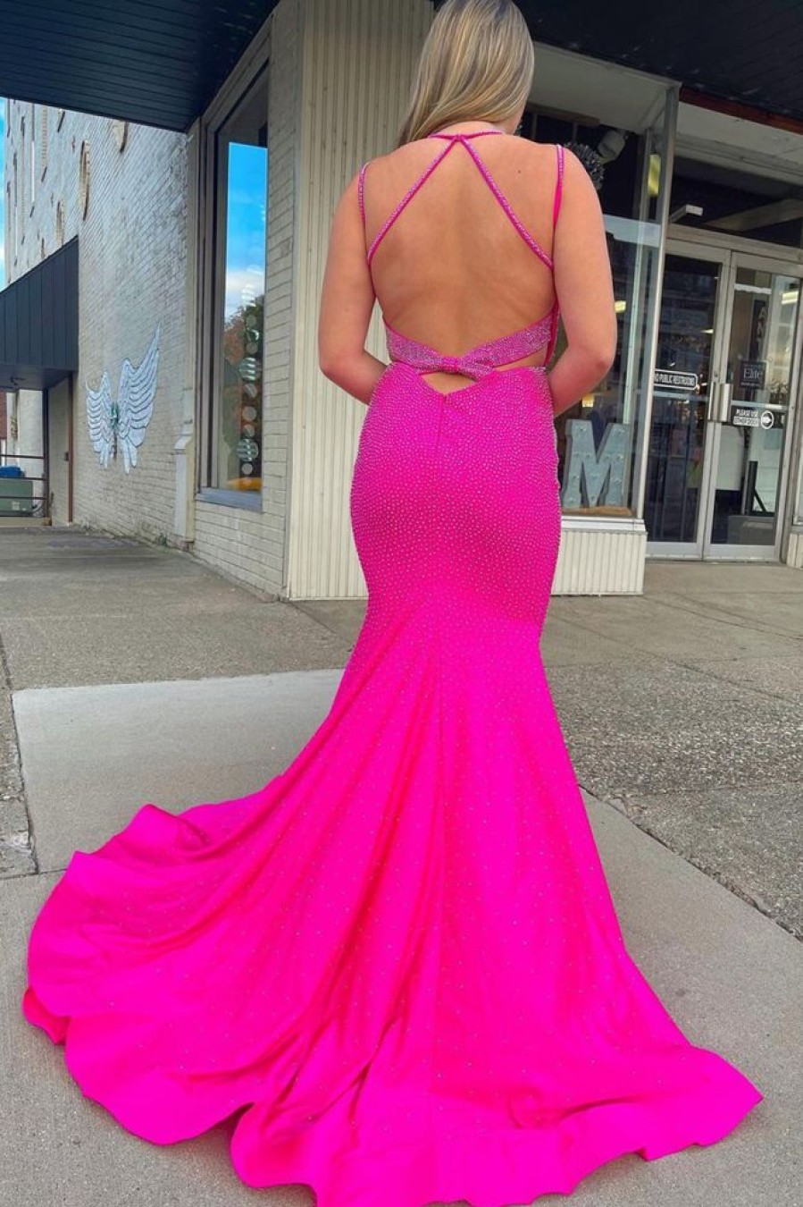 Homrain Sparkly Hot Pink Mermaid Sequins Open Back Long Prom Dress | Hot Pink Prom Dresses