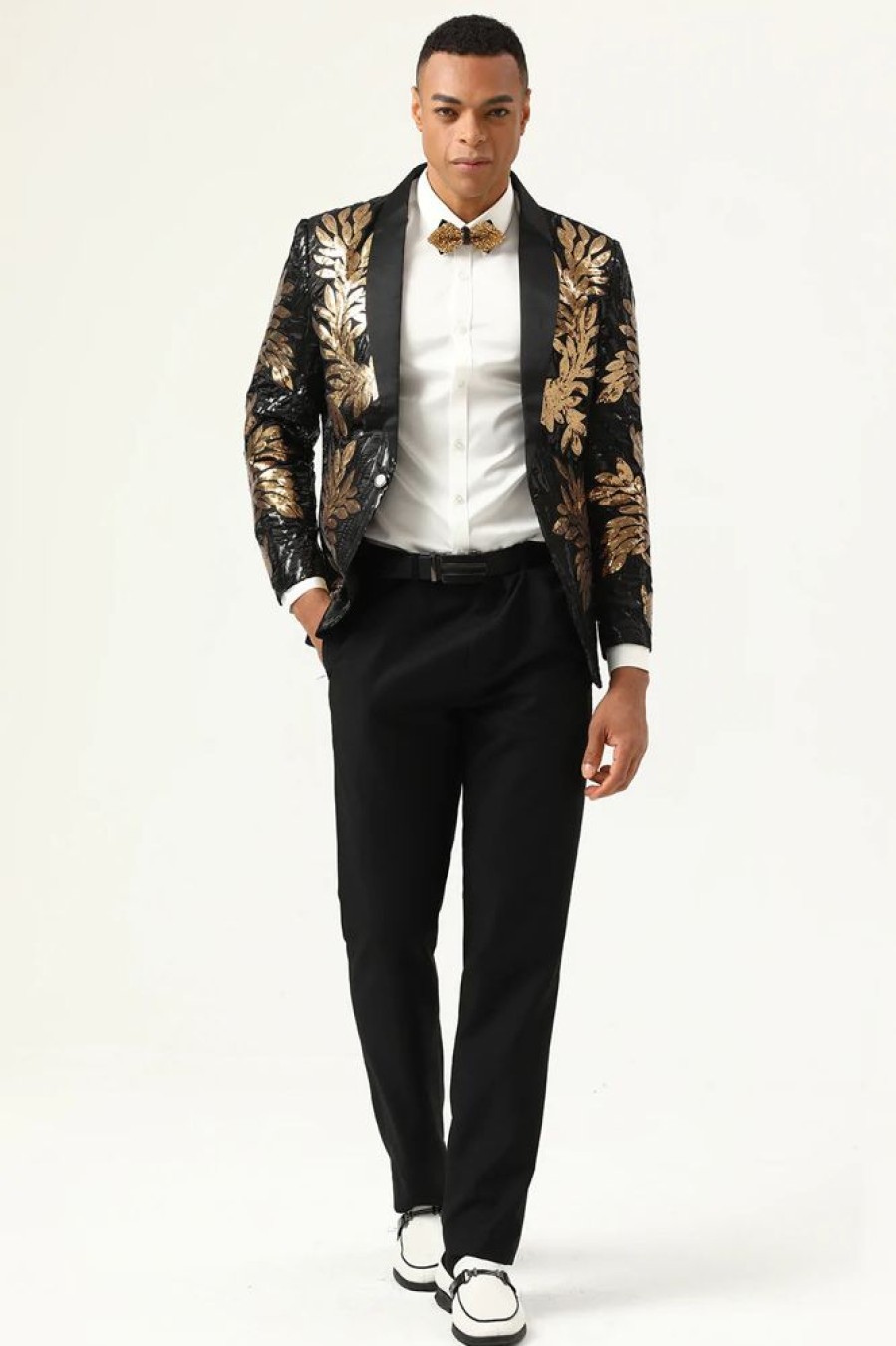 Homrain 2 Piece Black And Gold Jacquard Sequins Men'S Prom Suits | Homecoming Suits