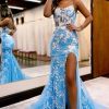 Homrain Open Back Mermaid Lace Prom Dress With Slit | Blue Prom Dresses