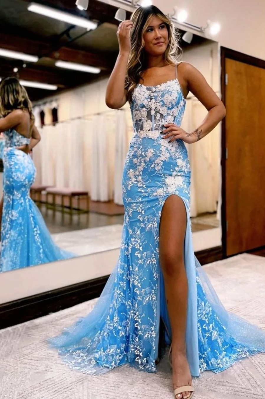 Homrain Open Back Mermaid Lace Prom Dress With Slit | Blue Prom Dresses