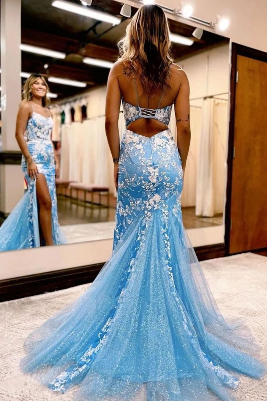 Homrain Open Back Mermaid Lace Prom Dress With Slit | Blue Prom Dresses