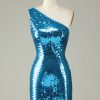 Homrain Glitter One Shoulder Sequins Tight Hoco Dress | Blue Hoco Dresses