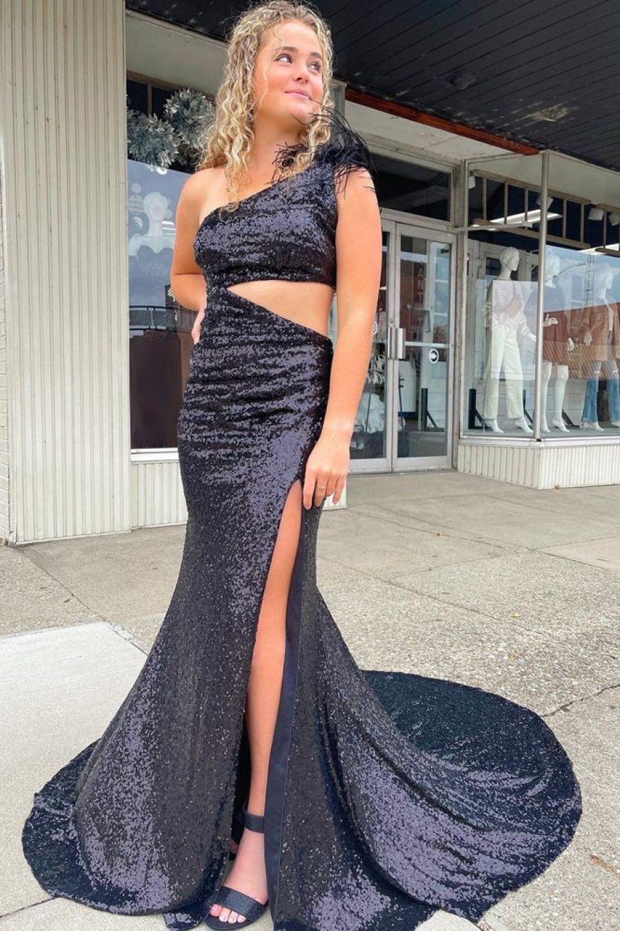 Homrain Mermaid One Shoulder Cut Out Sequins Long Prom Dress | Black Prom Dresses