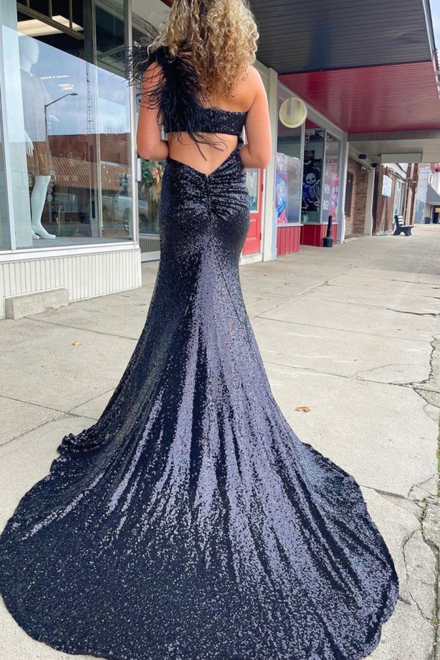 Homrain Mermaid One Shoulder Cut Out Sequins Long Prom Dress | Black Prom Dresses