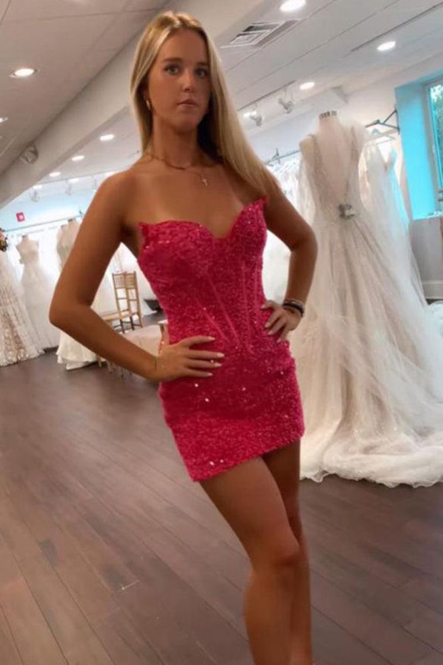 Homrain Sweetheart Sequins Tight Short Homecoming Dress | Pink Hoco Dresses