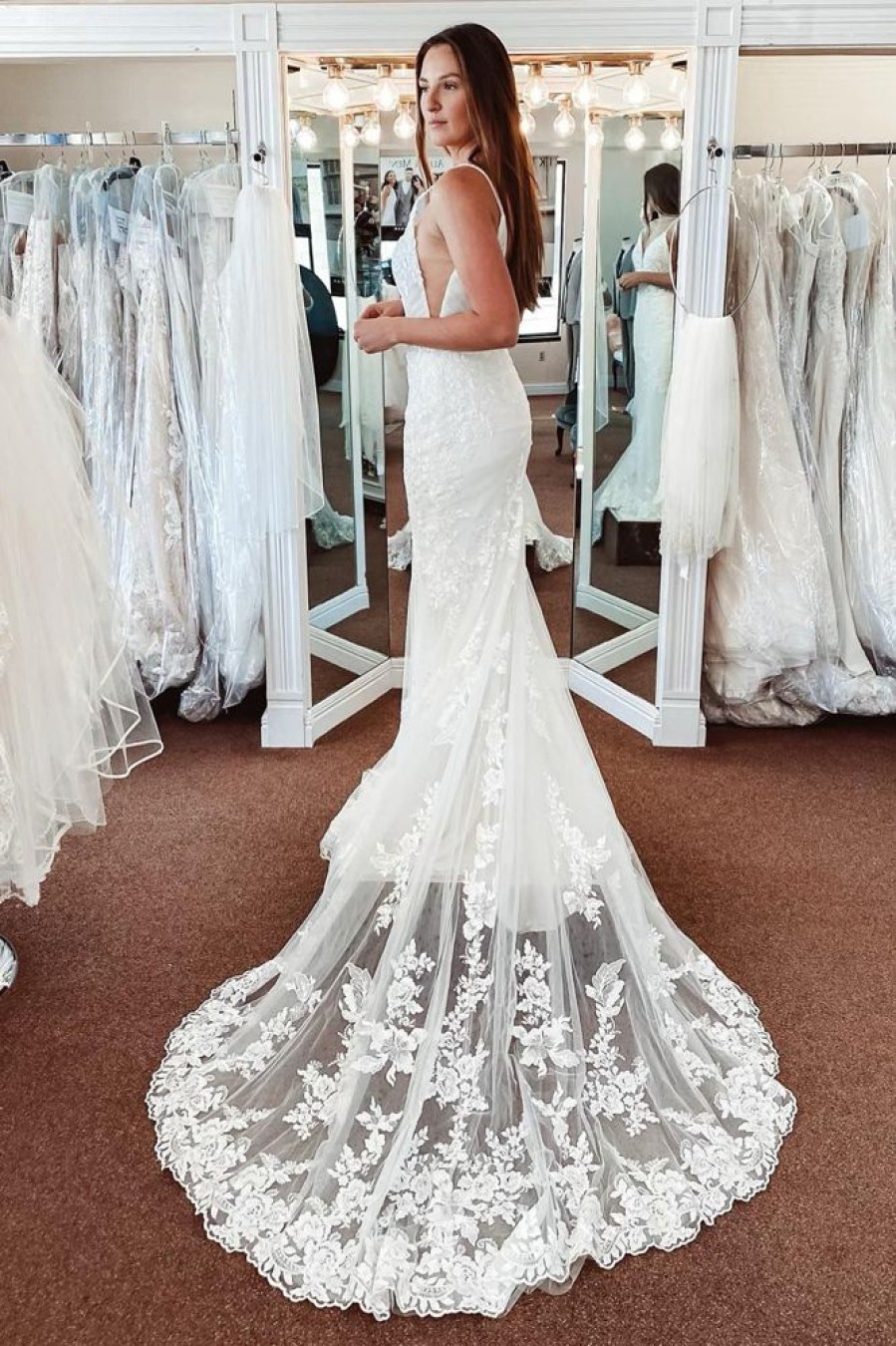 Homrain Lace Mermaid Backless Long Wedding Dress | Lace Wedding Dresses