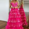 Homrain Glitter Hot Pink Corset Off The Shoulder Lace Long Prom Dress | Hot Pink Prom Dresses