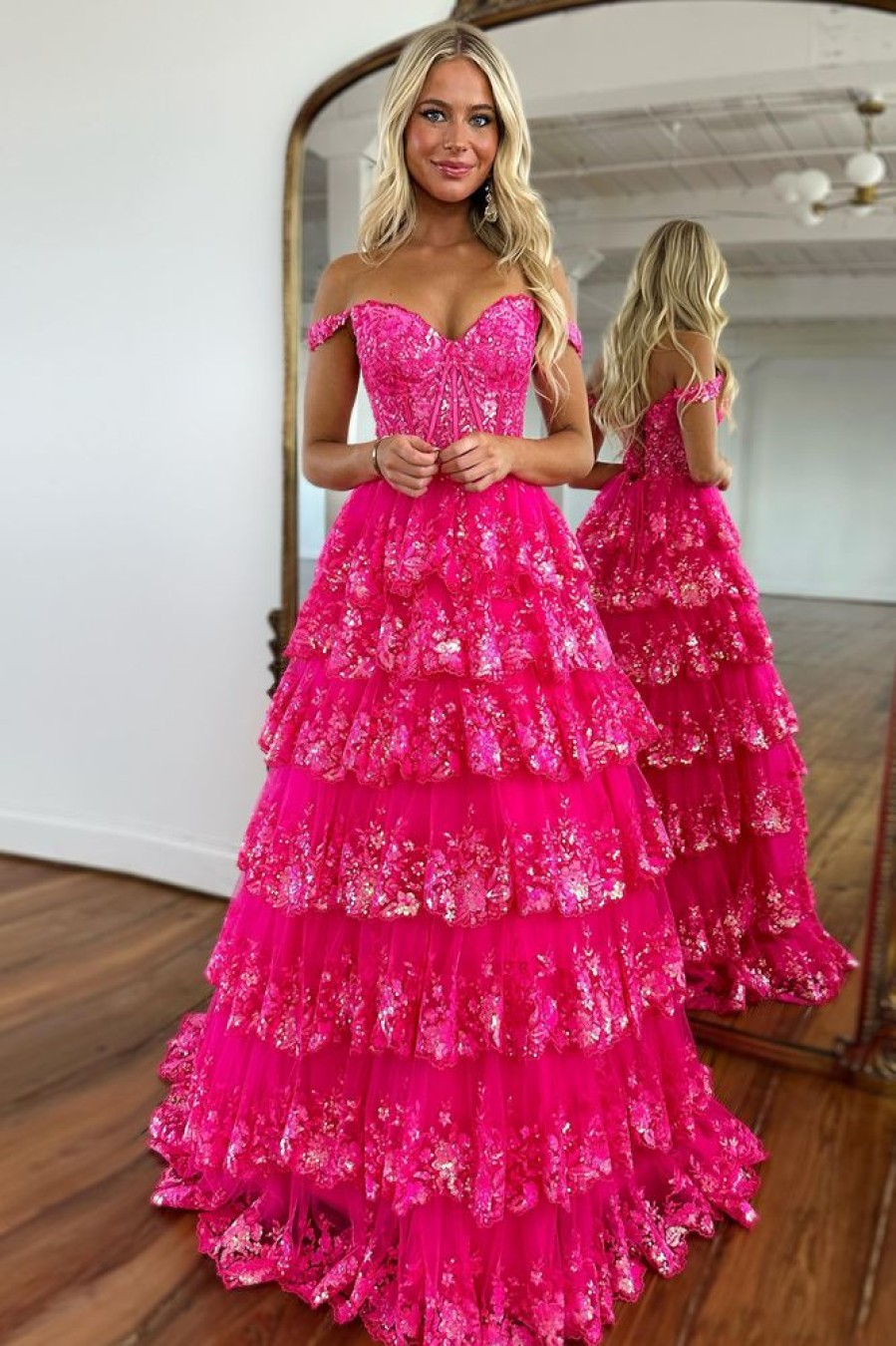 Homrain Glitter Hot Pink Corset Off The Shoulder Lace Long Prom Dress | Hot Pink Prom Dresses