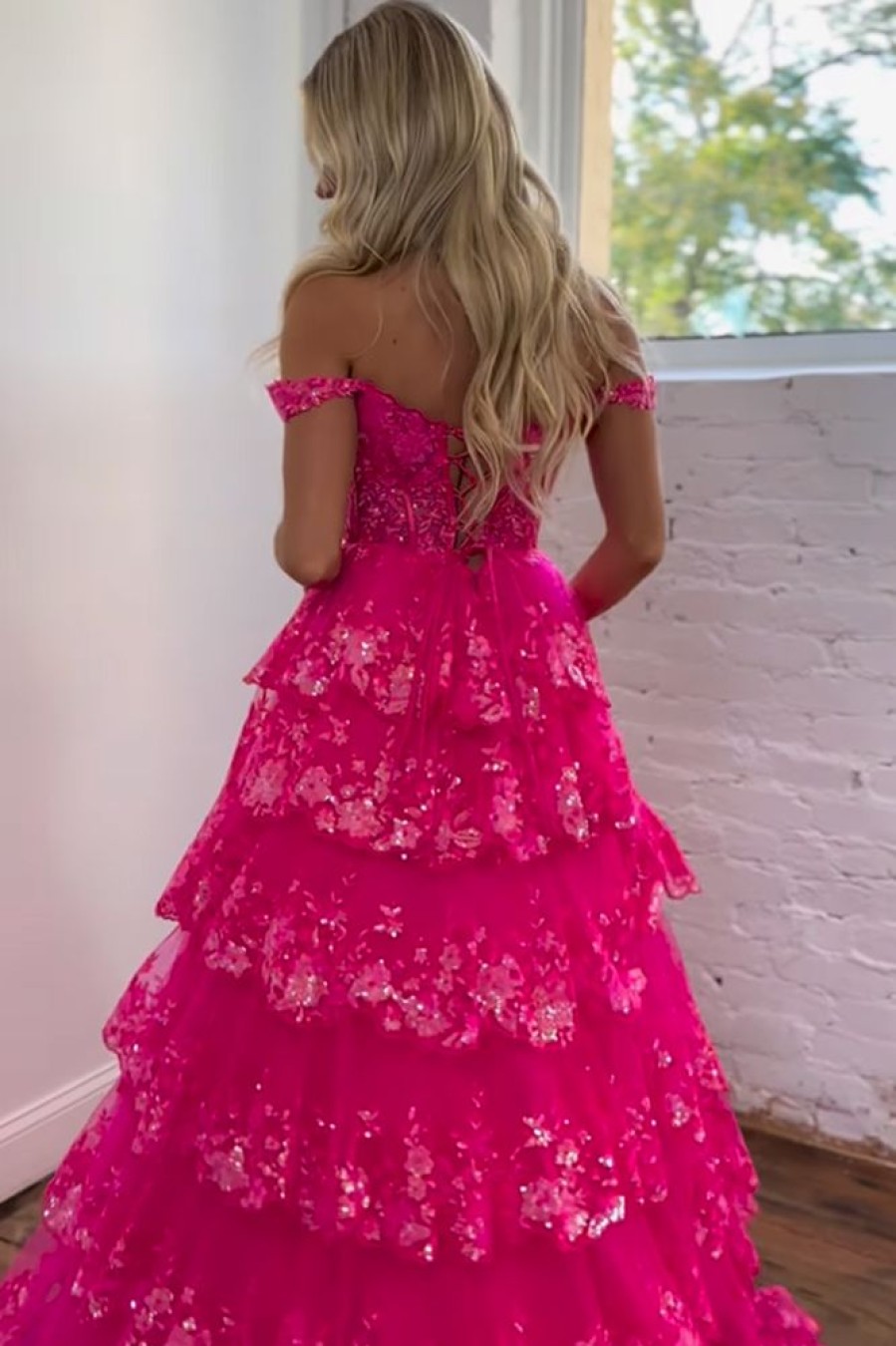 Homrain Glitter Hot Pink Corset Off The Shoulder Lace Long Prom Dress | Hot Pink Prom Dresses