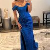 Homrain Off Shoulder Mermaid Prom Dress With Slit | Blue Prom Dresses