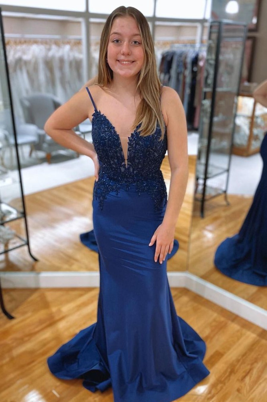 Homrain Sparkly Mermaid Long Prom Dress With Appliques | Blue Prom Dresses