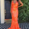 Homrain Sparkly Sequin V-Neck Mermaid Long Prom Dress | Orange Prom Dresses