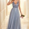 Homrain A Line Spaghetti Straps Long Bridesmaid Dress | Dusty Blue Bridesmaid Dress