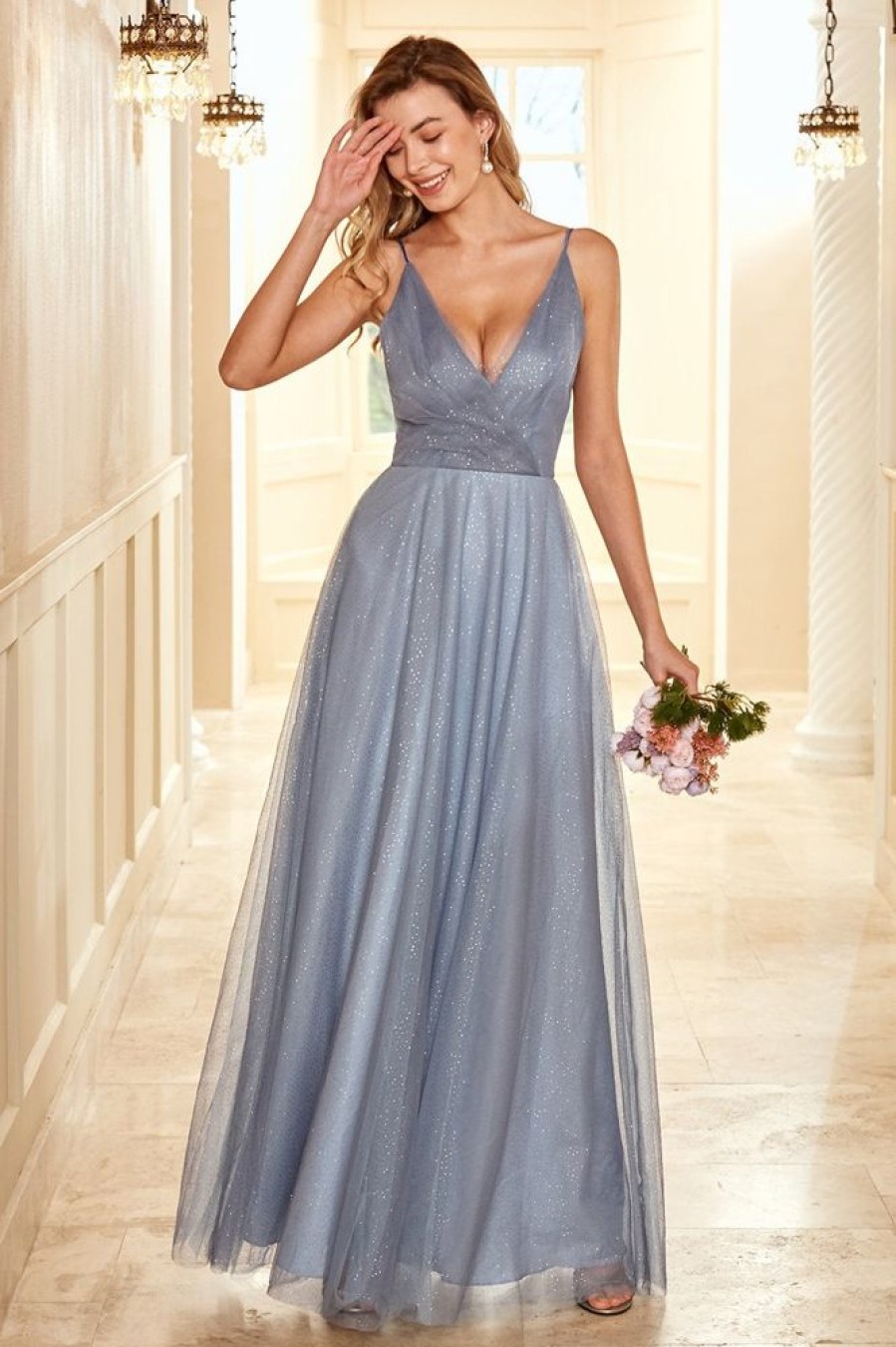 Homrain A Line Spaghetti Straps Long Bridesmaid Dress | Dusty Blue Bridesmaid Dress