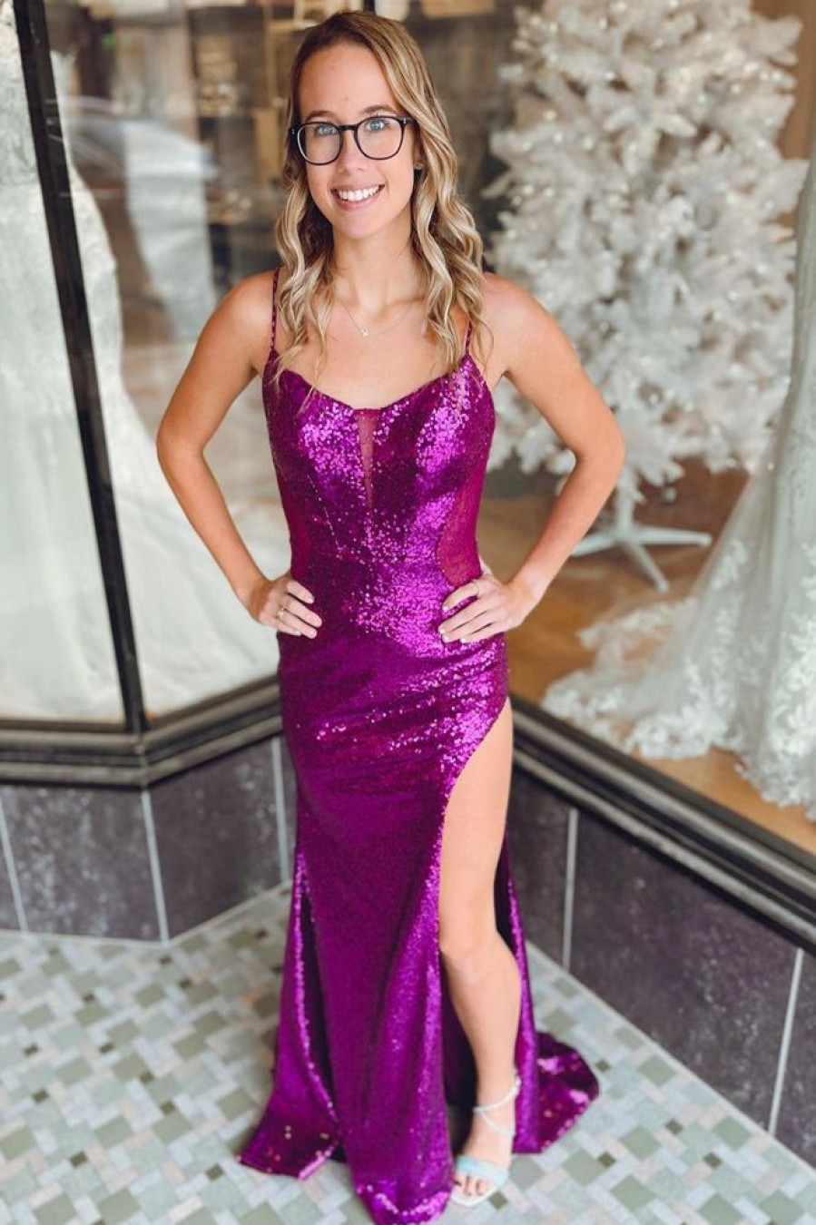 Homrain Sheath Spaghetti Straps Purple Sequins Long Prom Dress With Split Front | Hot Pink Prom Dresses