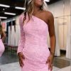 Homrain One Shoulder One Sleeve Lace Backless Tight Short Homecoming Dress | Pink Hoco Dresses