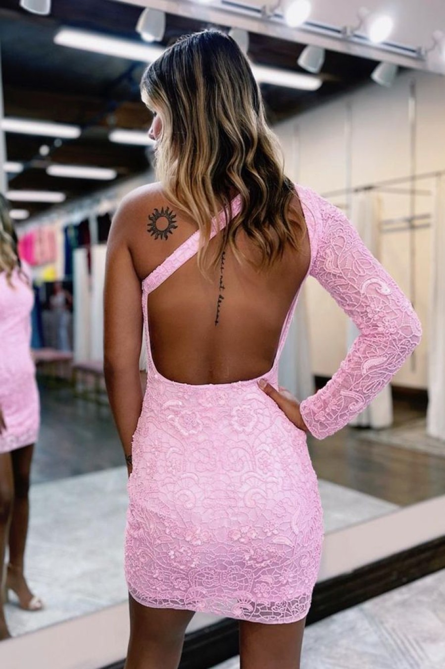 Homrain One Shoulder One Sleeve Lace Backless Tight Short Homecoming Dress | Pink Hoco Dresses