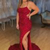 Homrain Lace-Up Mermaid Sparkly Sequins Long Prom Dress With Slit | Red Prom Dresses