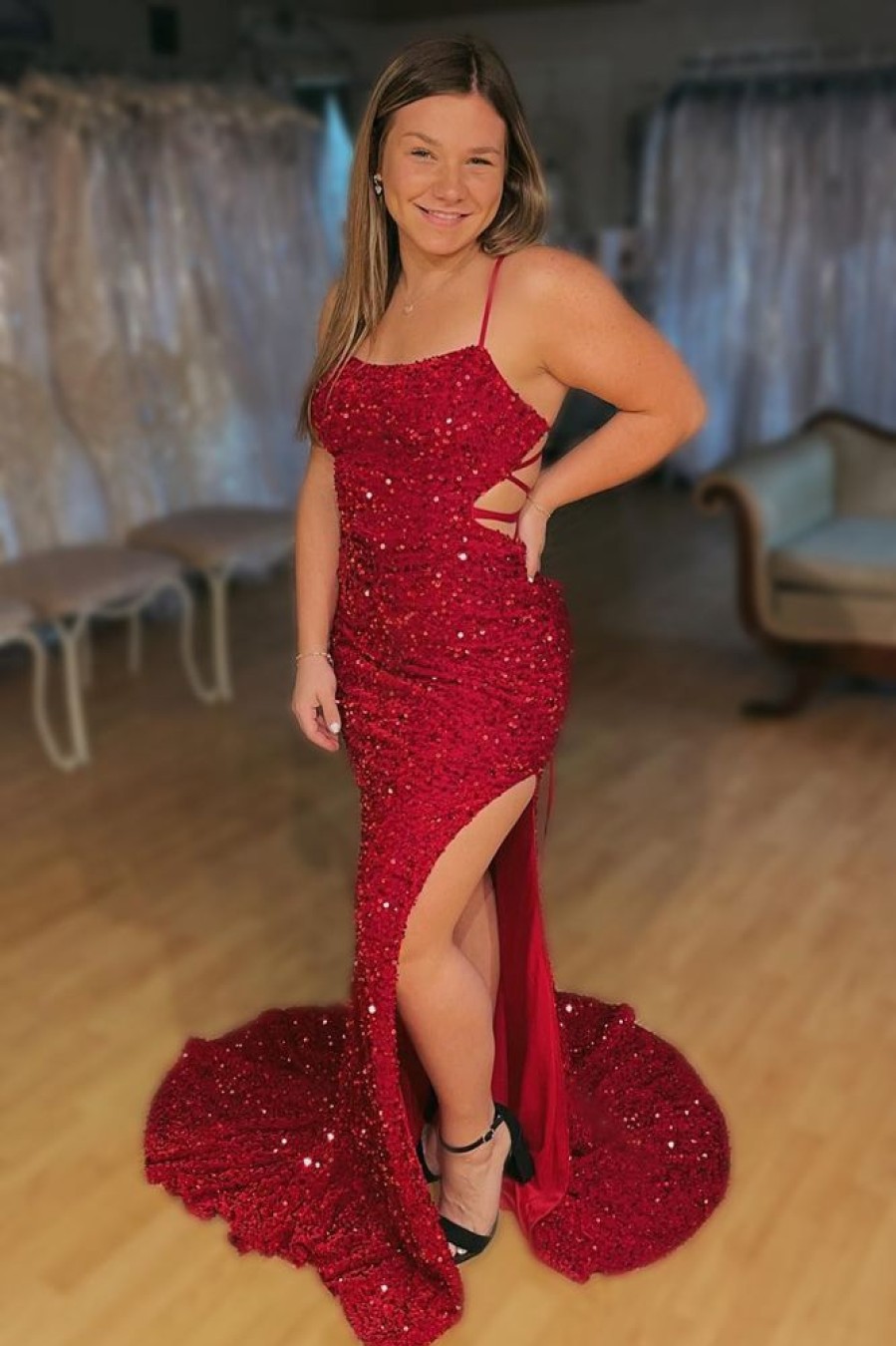 Homrain Lace-Up Mermaid Sparkly Sequins Long Prom Dress With Slit | Red Prom Dresses