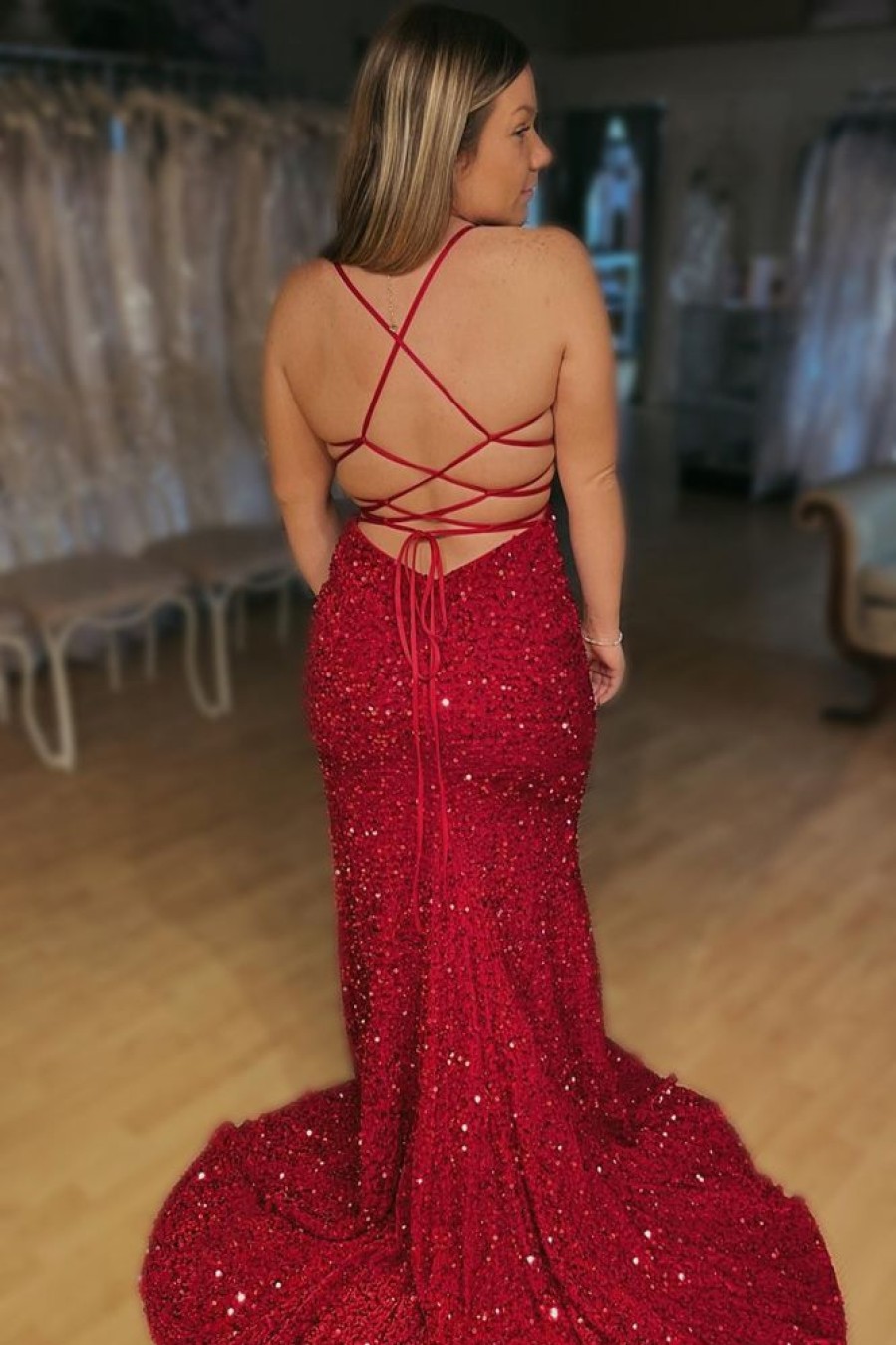 Homrain Lace-Up Mermaid Sparkly Sequins Long Prom Dress With Slit | Red Prom Dresses