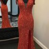 Homrain Sparkly Spaghetti Straps Sequins Long Prom Dress With Slit | Orange Prom Dresses