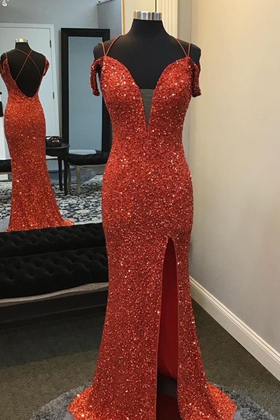 Homrain Sparkly Spaghetti Straps Sequins Long Prom Dress With Slit | Orange Prom Dresses