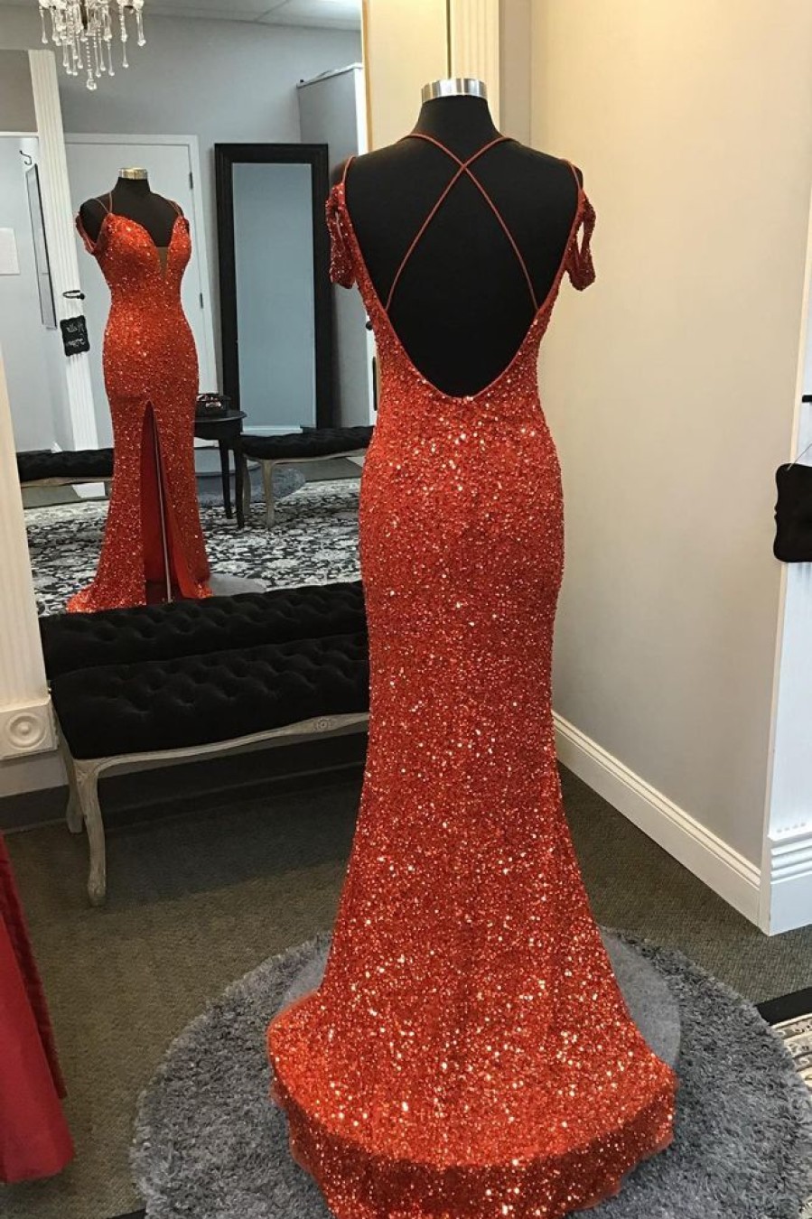 Homrain Sparkly Spaghetti Straps Sequins Long Prom Dress With Slit | Orange Prom Dresses