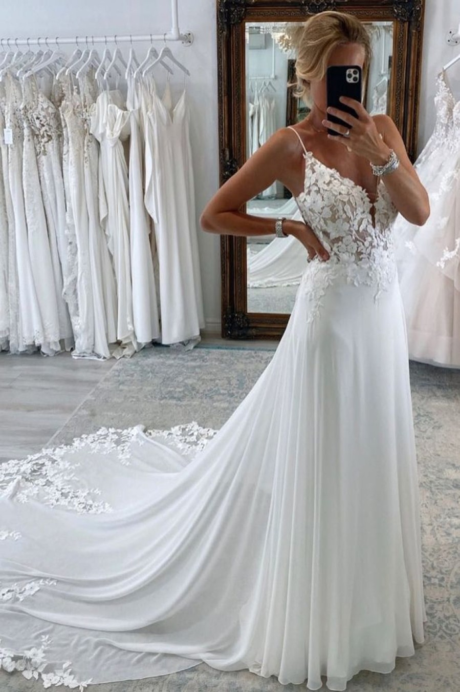 Homrain Long Chiffon Boho A-Line Wedding Dress With Lace | Lace Wedding Dresses