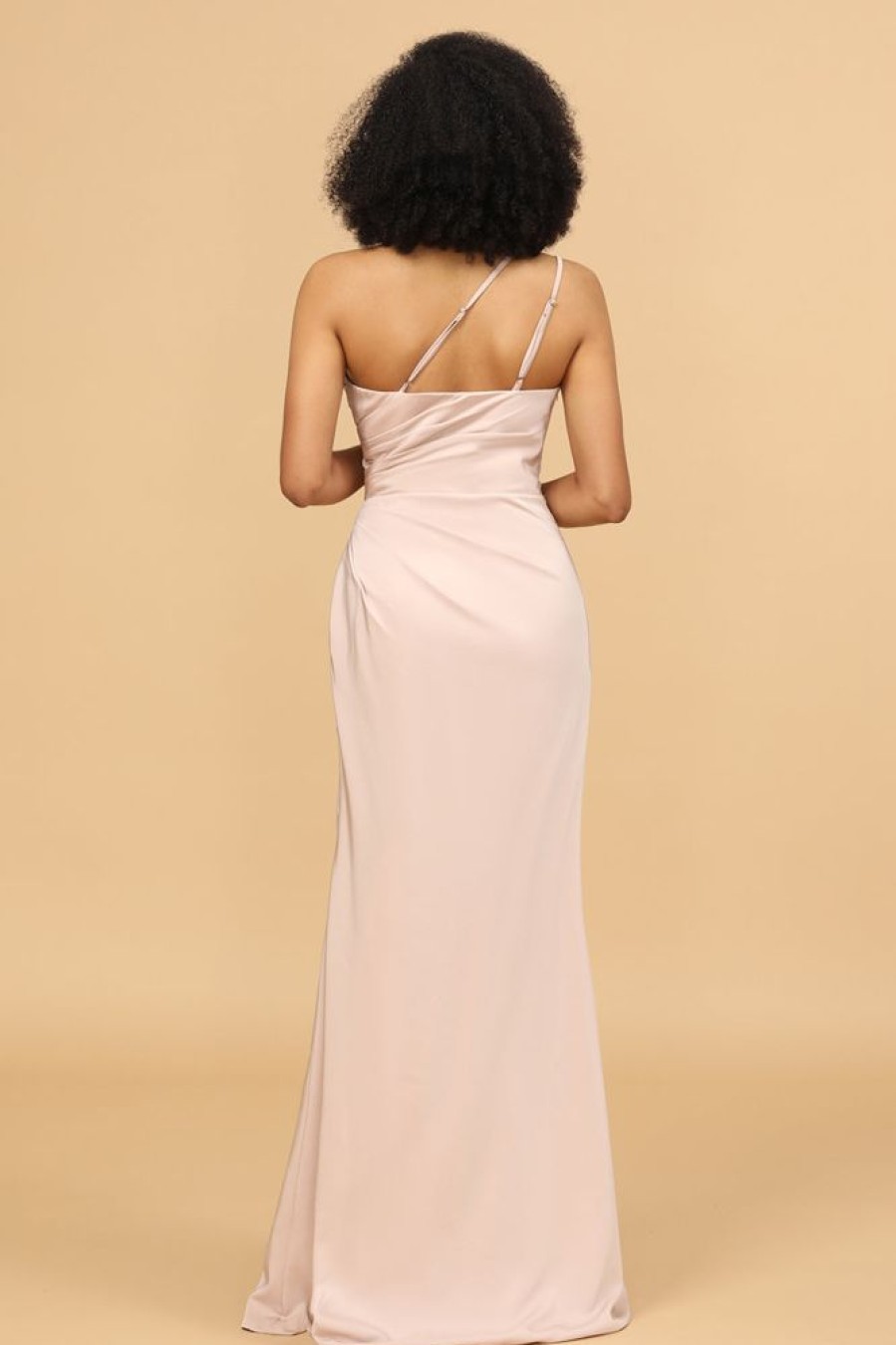 Homrain Satin Mermaid One Shoulder Long Bridesmaid Dress With Slit | Dusty Rose Bridesmaid Dress