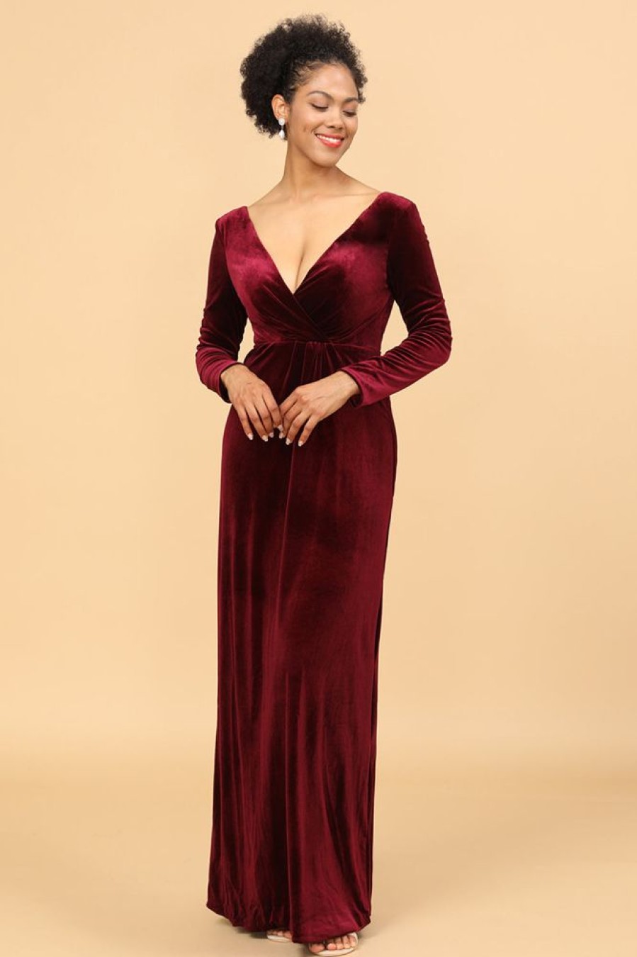 Homrain Sheath Deep V-Neck Long Sleeves Velvet Bridesmaid Dress | Bridesmaid Dresses