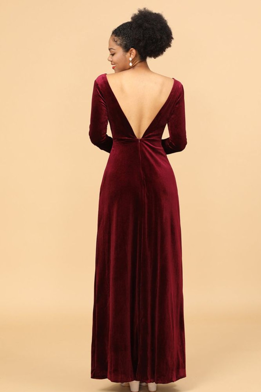 Homrain Sheath Deep V-Neck Long Sleeves Velvet Bridesmaid Dress | Bridesmaid Dresses