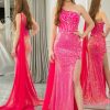 Homrain Sparkly Mermaid One Shoulder Long Corset Prom Dress With Slit | Hot Pink Prom Dresses