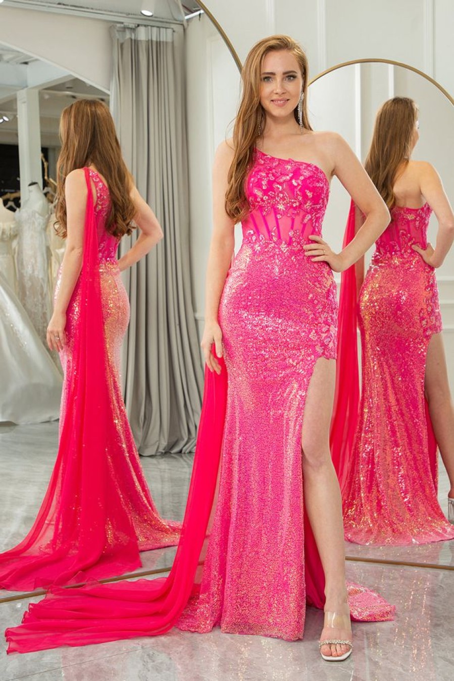 Homrain Sparkly Mermaid One Shoulder Long Corset Prom Dress With Slit | Hot Pink Prom Dresses