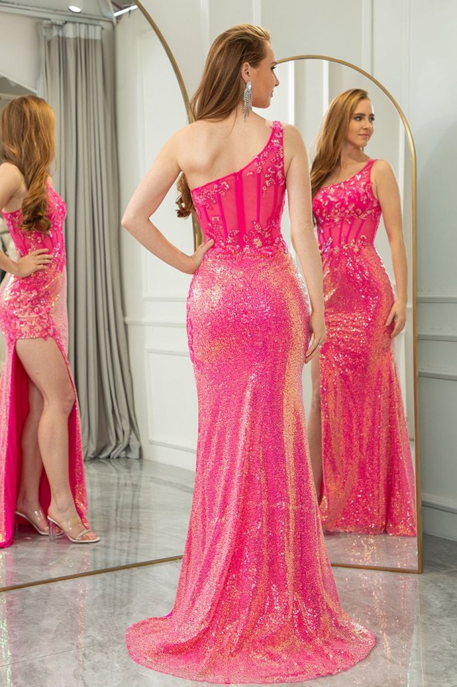 Homrain Sparkly Mermaid One Shoulder Long Corset Prom Dress With Slit | Hot Pink Prom Dresses