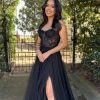 Homrain A-Line Corset Long Prom Dress With Slit | Black Prom Dresses