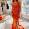 Homrain Sparkly Mermaid One Shoulder Long Prom Dress With Star Appliques | Orange Prom Dresses