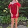 Homrain Sparkly Lace Corset Fringed Tight Short Homecoming Dress With Feathers | Red Hoco Dresses