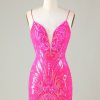 Homrain Sparkly Pink Spaghetti Straps Backless Tight Sequins Short Homecoming Dress | Pink Hoco Dresses