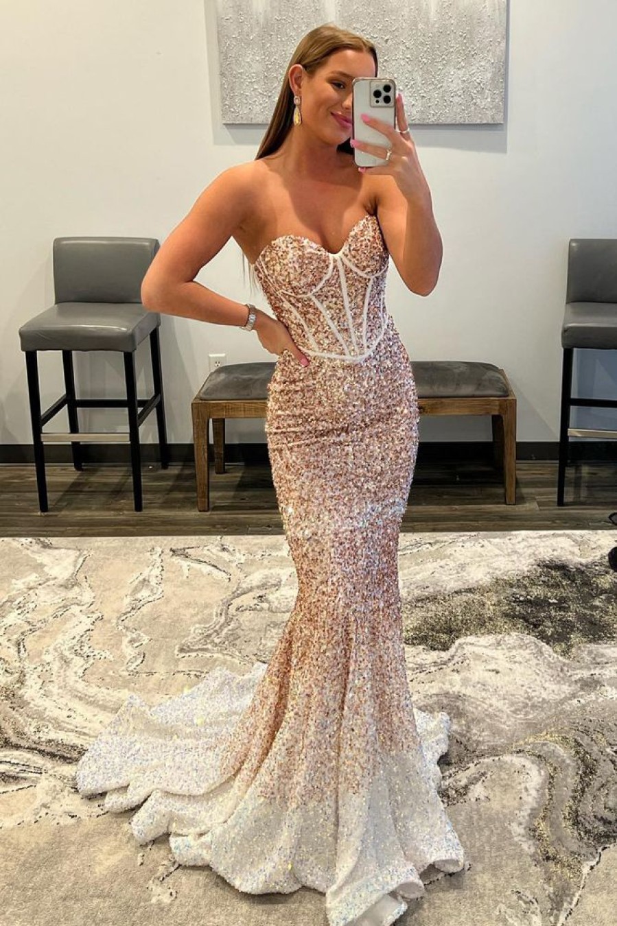 Homrain Rose Gold Sparkly Sequins Mermaid Long Prom Dress | Gold Prom Dresses