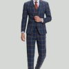 Homrain Grey Blue Men'S 3 Piece Plaid Notched Lapel Prom Suits | Homecoming Suits