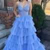 Homrain A-Line Corset Long Tulle Tiered Prom Dress With Lace | Blue Prom Dresses