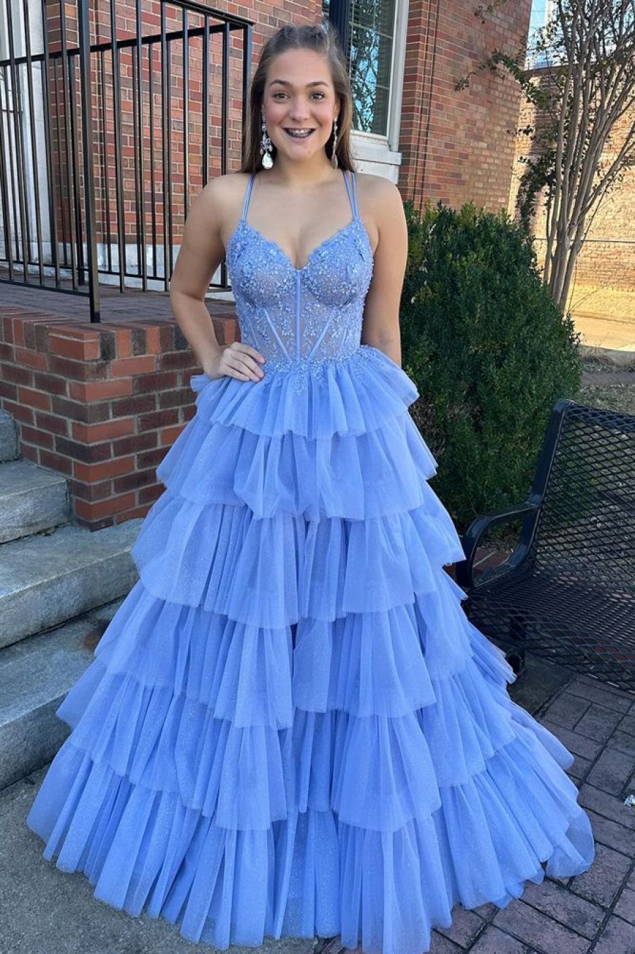 Homrain A-Line Corset Long Tulle Tiered Prom Dress With Lace | Blue Prom Dresses