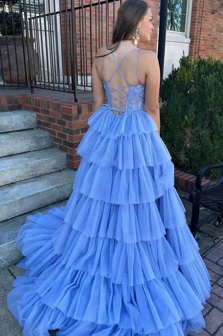 Homrain A-Line Corset Long Tulle Tiered Prom Dress With Lace | Blue Prom Dresses