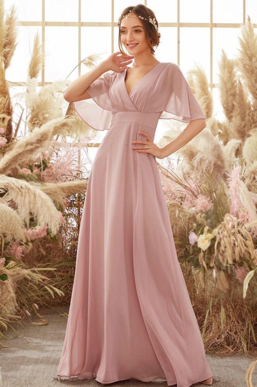 Homrain Blush Batwing Sleeves Chiffon Bridesmaid Dress | Dusty Rose Bridesmaid Dress