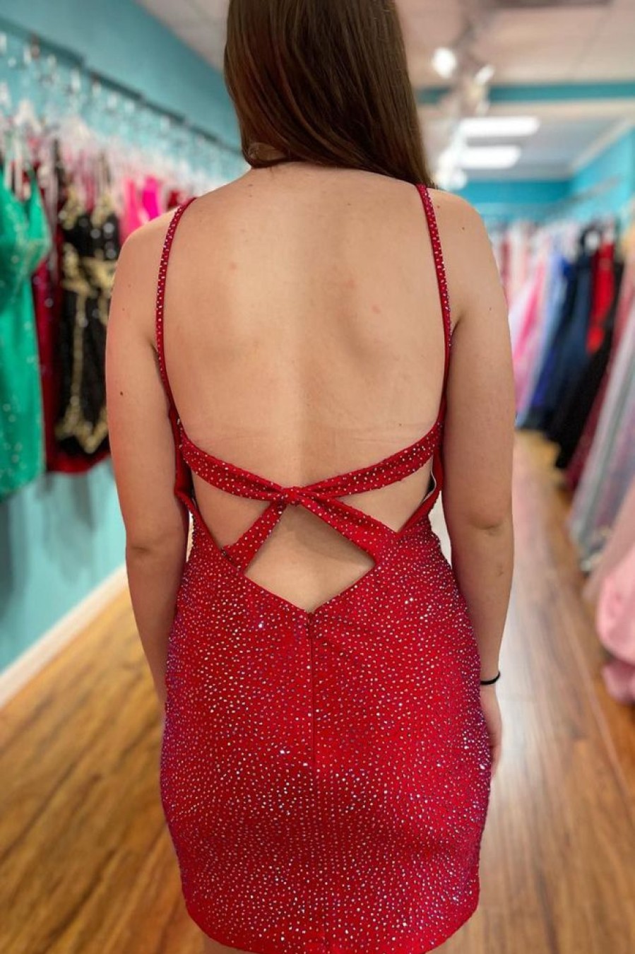 Homrain Sparkly Sequins Open Back Tight Short Hoco Dress | Red Hoco Dresses